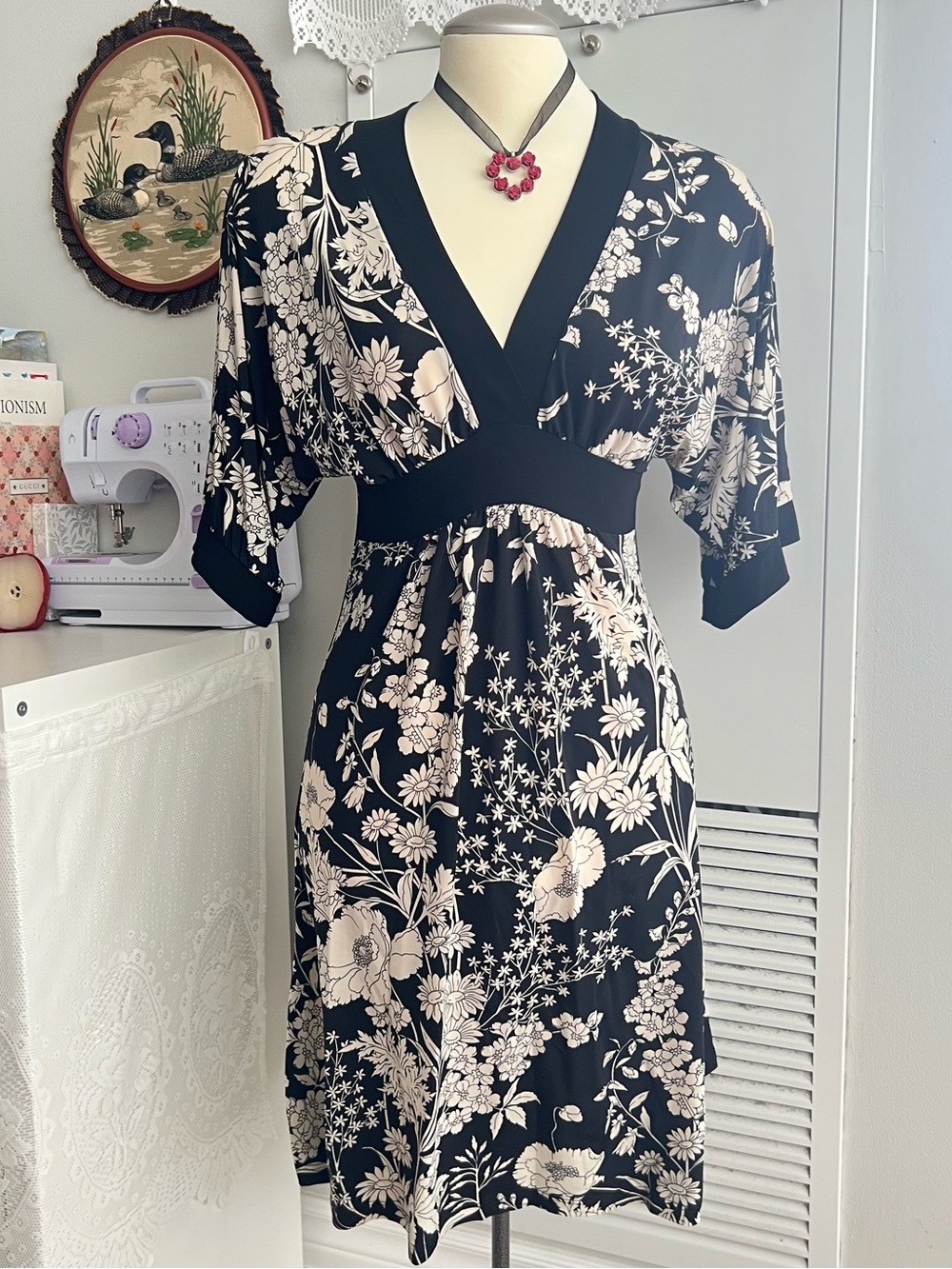Vintage Y2K Japanese Geisha style black and white floral print dress
